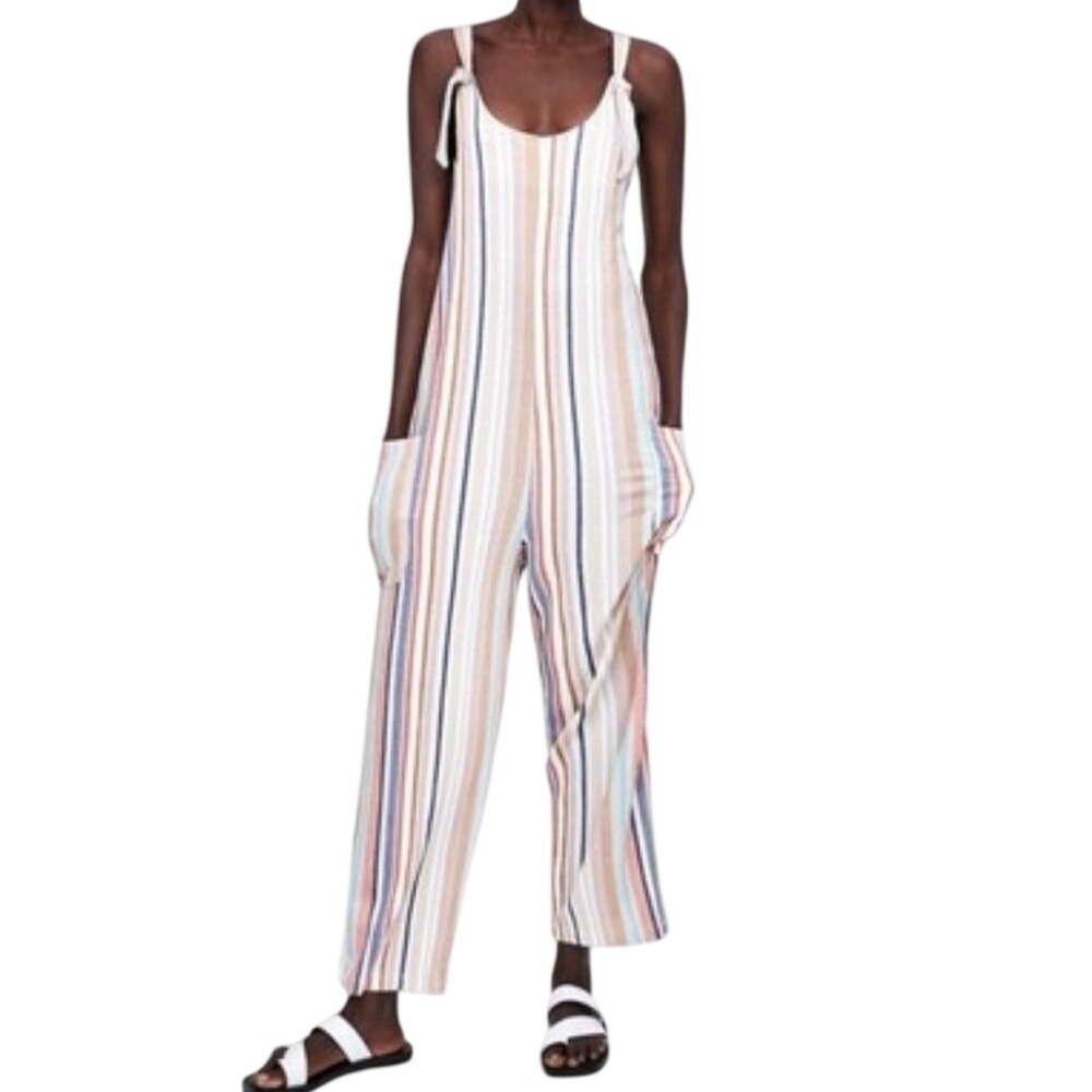 Zara Colorful Striped ‎ cargo sleeves jumpsuit Overall Pantsuit  Size Small